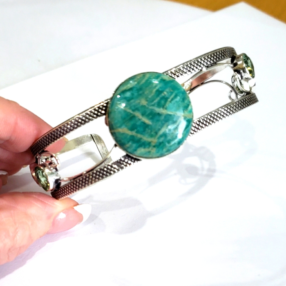 Beautiful Handmade Amazonite Peridot Gem 925 Bangle Bracelet